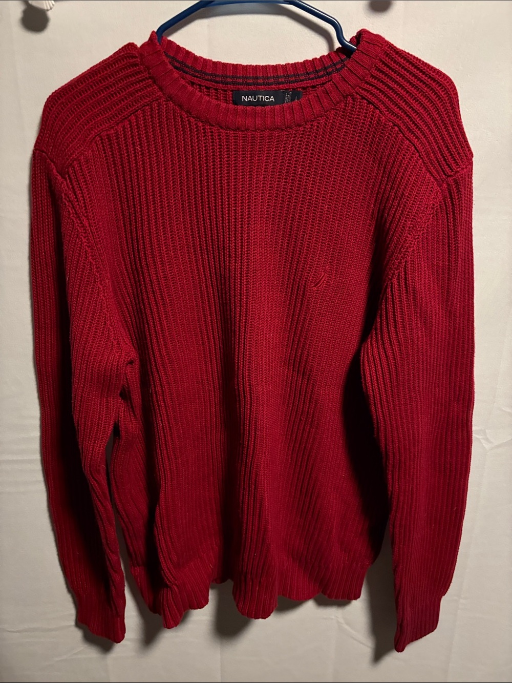 Nautica Men's Red Ribbed Crewneck Sweater